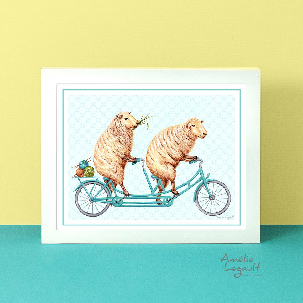 Sheep on a bicycle, art print, sheep drawing, sheep illustration, amélie legault, tandem bike illustration, tandem bike print