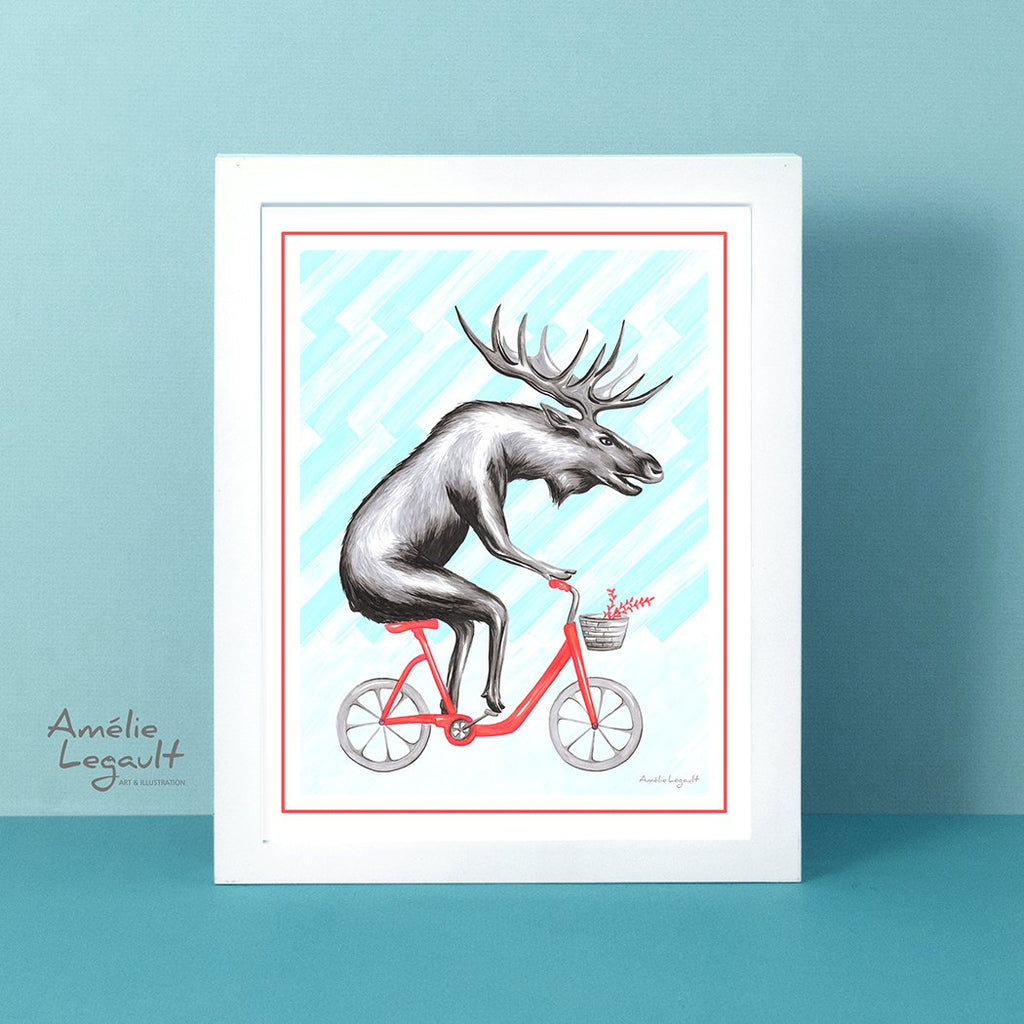 Moose on a bike, art Print, moose Drawing, moose art print, amelie legault, canadian animal, canadian art, canadian artist, bicycle art print, bike illustration