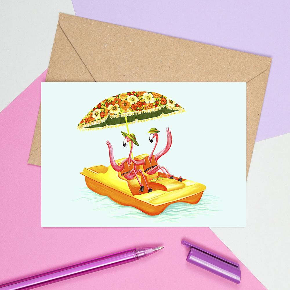 flamingo card, greeting card, birthday card, happy birthday card, pedal boat, vintage card, amelie legault, flamingo party, flamingo theme, flamingo love