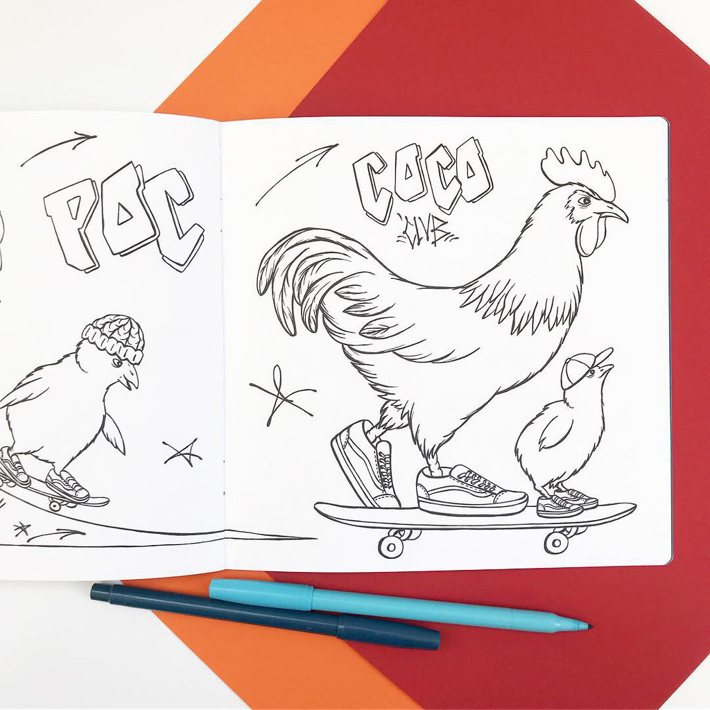 Coloring book, Colouring book, coloring for kids, rooster and chicks, amelie legault, skateboaring, made in canada