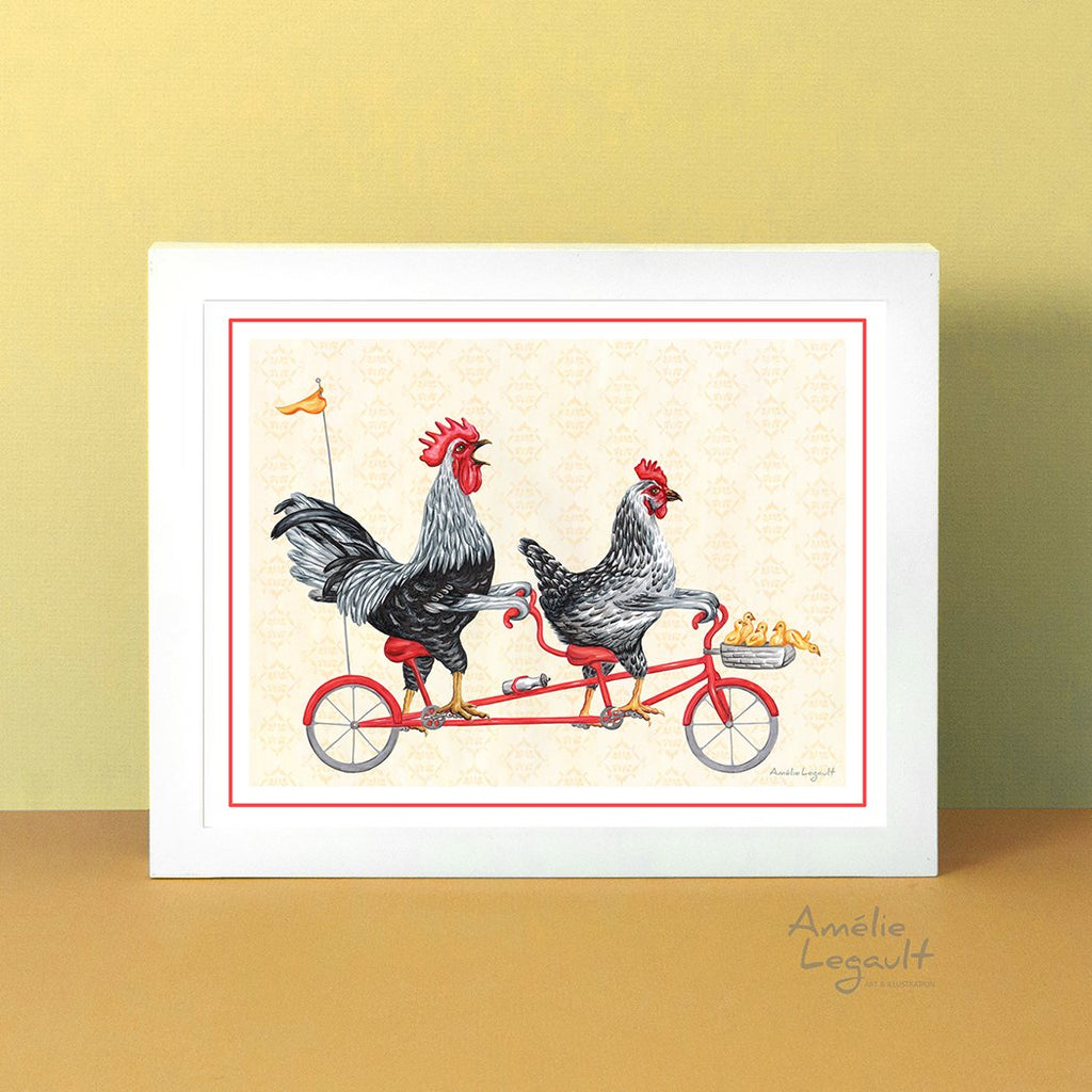 Chicken family on tandem bicycle, art print, kitchen decor, kitchen art, amélie legault, hen illustration, rooster illustration, chicks, tandem bike illustration, artwork