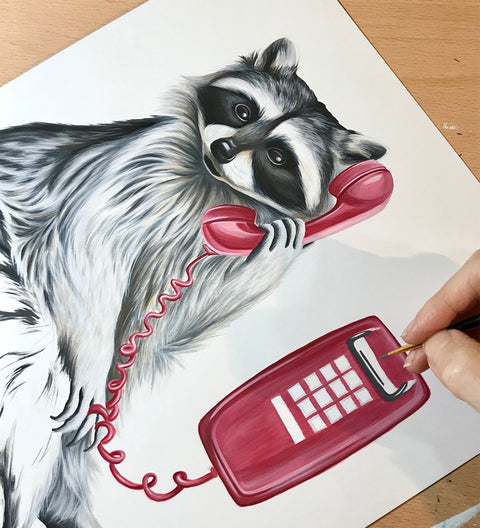 phone illustration, phone painting, wall phone, vintage phone, amelie legault, raccoon painting, canadian art