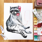 raccoon painting, raccoon artwork, amelie legault, gouache painting, winsorandnewton, canadian art, canadian artist, wall phone, canadian animal, made in canada