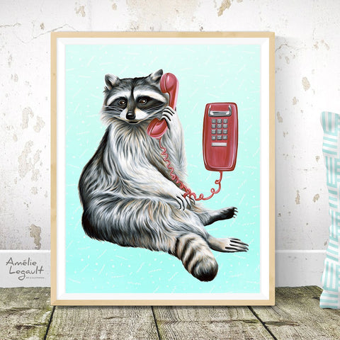 Raccoon on the phone, raccoon illustration, canadian animal, montreal animal, raccoon painting, amelie legault, wall phone, vintage phone, 1980s phone,