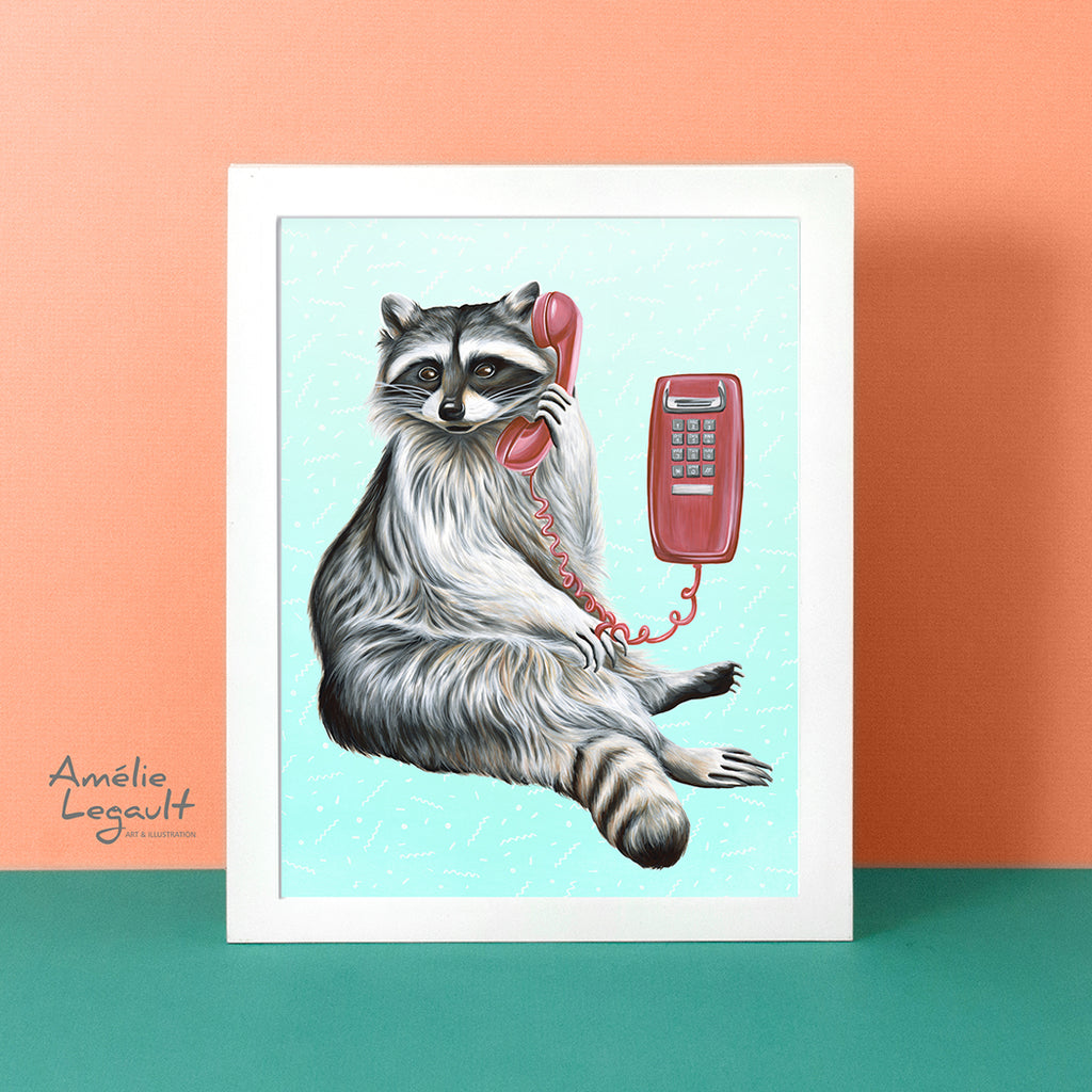 raton laveur au téléphone, carte de raton laveur, affiche de raton, animal canadien, amélie legault, fait au québec, téléphone mural