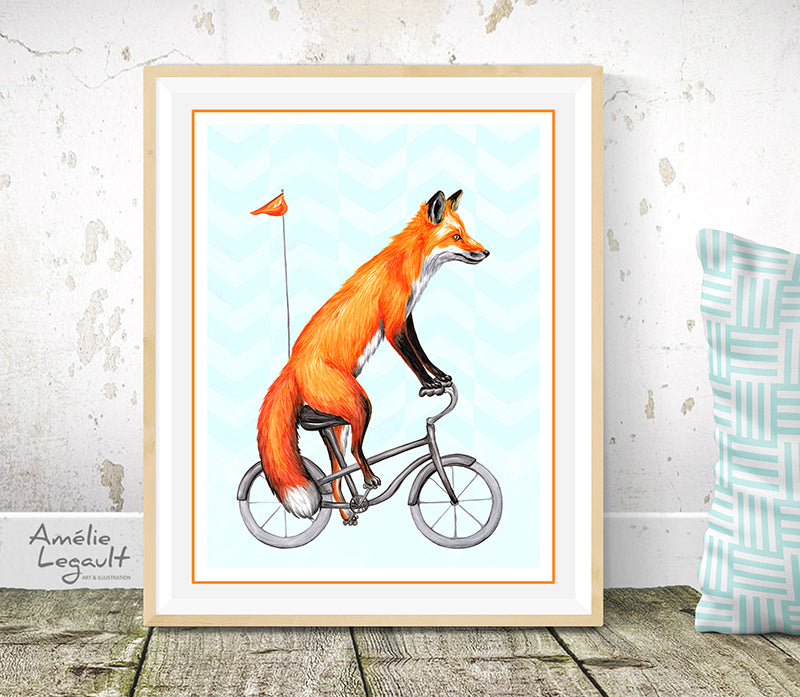 Fox illustration, fox riding a bike, bicycle illustration, amelie legault, canadian artist