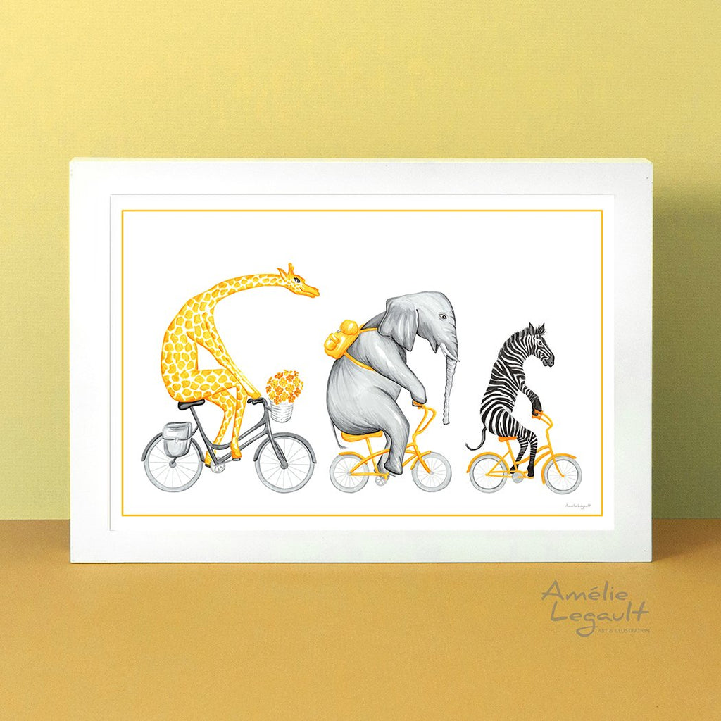 Giraffe, Elephant, zebra, art print, home decor, savannah animals, amelie legault, bicycle art print, bike drawing